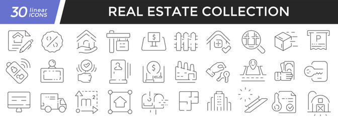 Real estate linear icons set. Collection of 30 icons in black