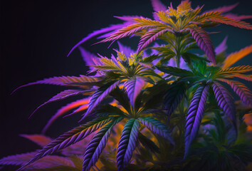 Cannabis marijuana leaf with purple lighting. Generative ai