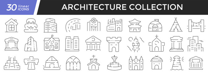 Architecture linear icons set. Collection of 30 icons in black