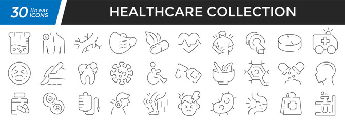 Healthcare linear icons set. Collection of 30 icons in black