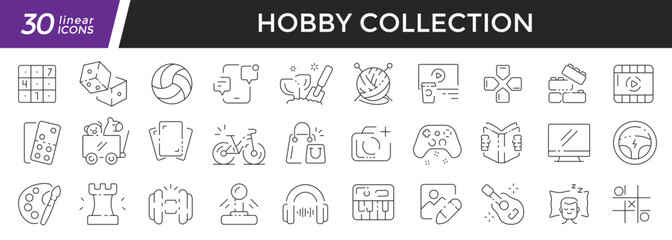 Fototapeta na wymiar Hobby linear icons set. Collection of 30 icons in black