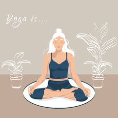 Relaxing, calm woman training yoga lotos asana, vector illustration - obrazy, fototapety, plakaty