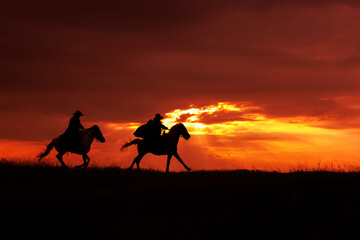 Cowboy silhouette on a horse during sunset in evening time. Cowboy rider silhouette in meadow field...