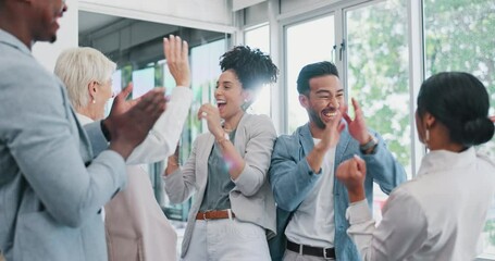 Celebration, hand stack and happy business people celebrating successful teamwork or collaboration. Happiness, celebrate and corporate team cheering for success, achievement or goal in the office. - Powered by Adobe