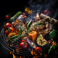 photo grilled chicken legs on the flaming grill with grilled vegetables with tomatoes, potatoes, pepper seeds, salt food photography