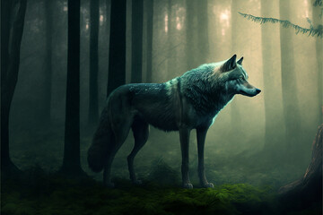 fantasy wolf in misty green forest
