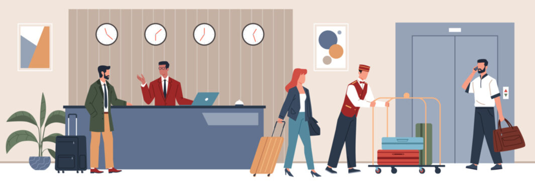 Hotel reception. Arriving guests at information, registration desk, receptionist at work, baggage porter helps woman, isolated characters, cartoon flat style nowaday vector tourism concept