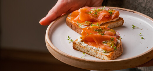 close up of woman holding white plate with smoked salmon toast as fresh snack, day light. Clean Eating. Healthy breakfast.