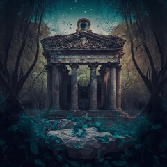 Illustration of The remains of abandoned ancient Roman stone temple in the jungle reclaimed by Mother Nature. 