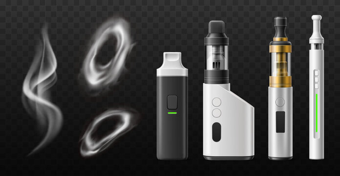 Smoke rings vape. Realistic steam jet, electronic cigarettes and hookahs, aromatic vaporizers, disposable and rechargeable, smoking accessory, 3d isolated elements, utter vector e-cigarette set