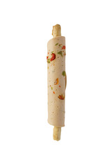 Vegetarian snack with boiled sausage on a bread stick isolated on white background, top view
