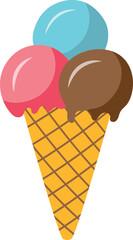 Ice cream balls in waffle cone. Summer sweet icon