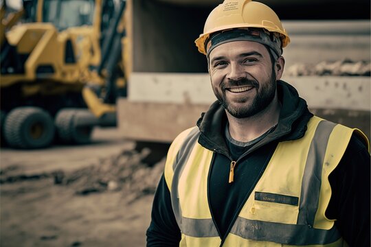 Safety First: Smiling Male OSH Worker in Yellow Vest at the Construction Site Generative AI