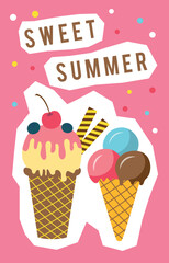 Sweet summer banner with ice cream dessert. Poster template