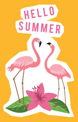 Hello summer poster with pink flamingos. Season card template