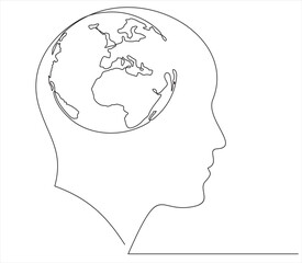 Peace brain concept. Continuous one line drawing of human head with globe inside. Think world.