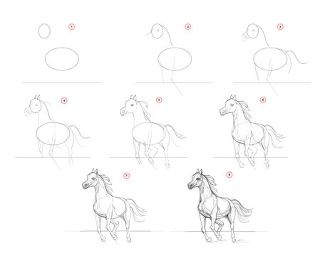 Page shows how to learn to draw sketch of running horse. Pencil drawing lessons. Educational page for artists. Textbook for developing artistic skills. Online education. Vector image.