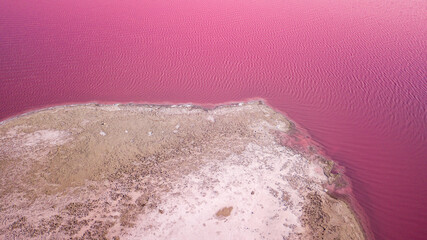 Scenic colorful Pink Salt Lake in Ukraine. unusual color cause of an algae with red pigments. Amazing seascape.