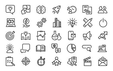 Set of 35 creativity icons in line style. Inspiration, idea, creative, innovation and brainstorming. Vector illustration.