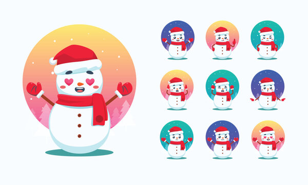 The Snowman with Christmas Hat. Various Pose. Vector Illustration.