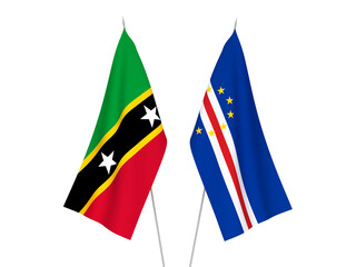 National fabric flags of Federation of Saint Christopher and Nevis and Republic of Cabo Verde isolated on white background. 3d rendering illustration.