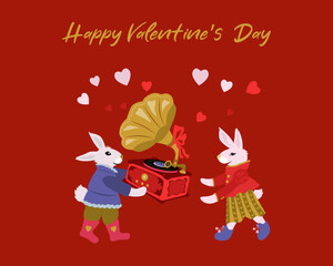 Cute Valentine's Day greeting card with rabbits.Vector illustration