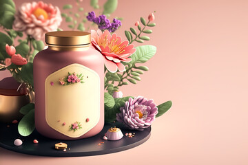 Valentine's Day or Mother's day postcard template. Pink jar with empty label, various colorful flowers on a pink background, Generative AI illustration. Postcard or greeting card template.