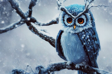 snowy owl blue colour in winter. Digital illustration.