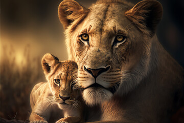 Obraz na płótnie Canvas Mother lioness with her lionet, motherhood concept. Female lion with small cute lionet on black background. Love and parenthood concept. Generative AI adorable lions background.