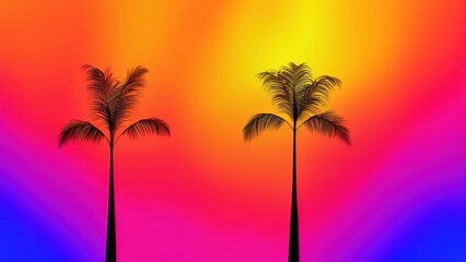 Naklejka na ściany i meble Dark palm trees silhouettes on colorful tropical ocean sunset background.