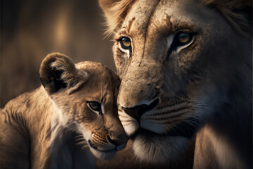 Mother lioness with her lionet, motherhood concept. Female lion with small cute lionet on black background. Love and parenthood concept. Generative AI adorable lions background. - obrazy, fototapety, plakaty
