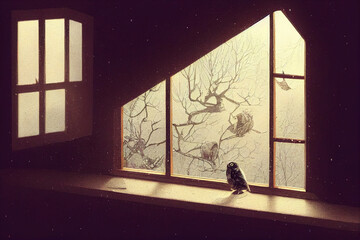 silhouette of a owl in the window