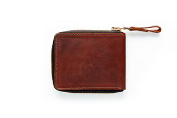Brown leather wallet with zipper isolated on white background. Top view