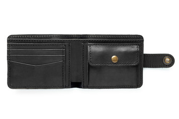 Black leather wallet on a button on a white background. Top open view