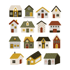 Set of cute colorful scandinavian houses isolated. Vector illustration of exterior decorations for childish room or clothes