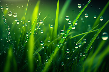 Green stalks grass with drops of morning dew. Dew drops on a grass in the morning or late night, Generative AI. Green grass with dew background with copy space for postcards or banner. - obrazy, fototapety, plakaty