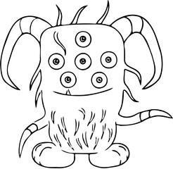 coloring page, small creature with several eyes, horns, fur and tentacles
