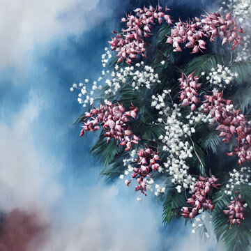 White Baby's Breath Flowers With Pink And Leaves On A Blue Background 