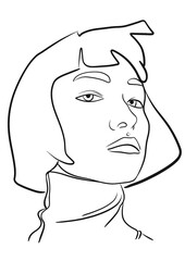 Illustration d’un portait d’une jeune fille aux cheveux mi-court. Elle a les cheveux au vent. Dessin minimaliste au contour - trait noir - obrazy, fototapety, plakaty