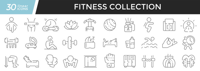 Fitness linear icons set. Collection of 30 icons in black