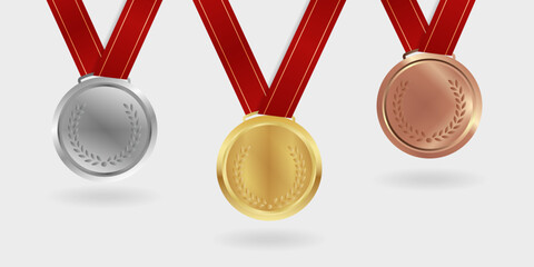 Medal collection with red ribbon. Gold, silver and bronze