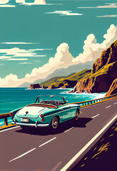 Car driving down the highway on the shoreline