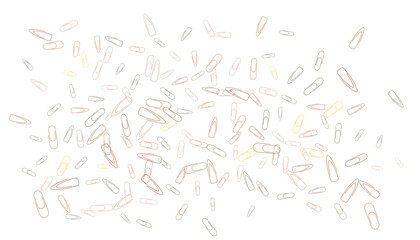 Paper clips are scattered on a white background. Decorative element. Background for design, school and office supplies