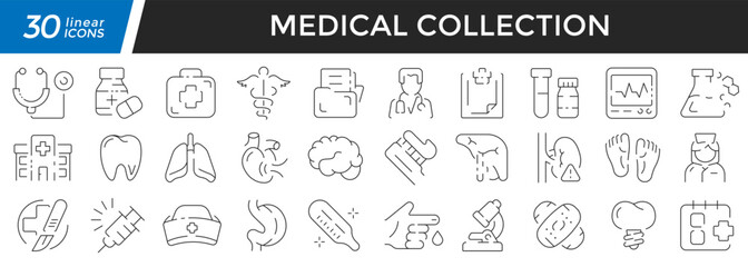 Medical linear icons set. Collection of 30 icons in black