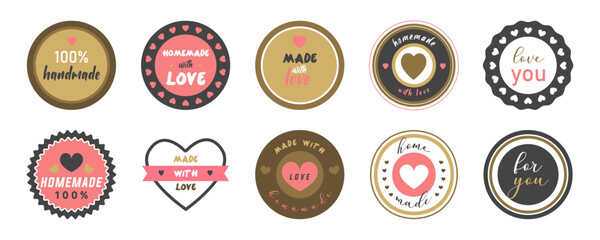 Set of homemade badges. Made with love stickers collection