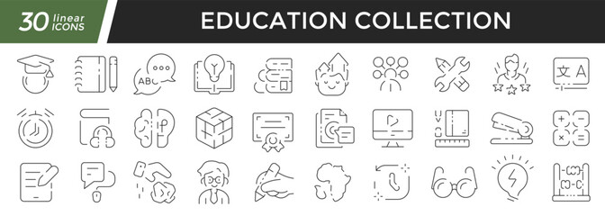Education linear icons set. Collection of 30 icons in black