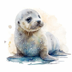 Watercolor seal illustration - animal hand drawn. 