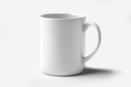 Close up of white blank empty mug mockup isolated on white background. Coffee cup mockup. Mug ceramic blank.