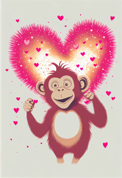 Happy monkey with hearts around. Valentine's Day. AI generated