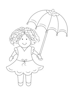 cute little girl with curly hair holding an umbrella. easy coloring page that you can print on 8.5x11 inch paper